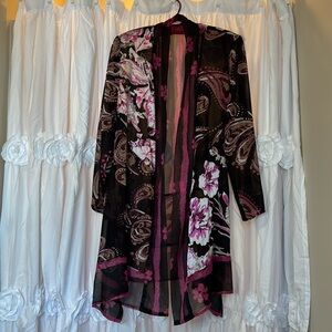 Chicos kimono sheer cardigan dark floral paisley print‎ 0 black pink brow…